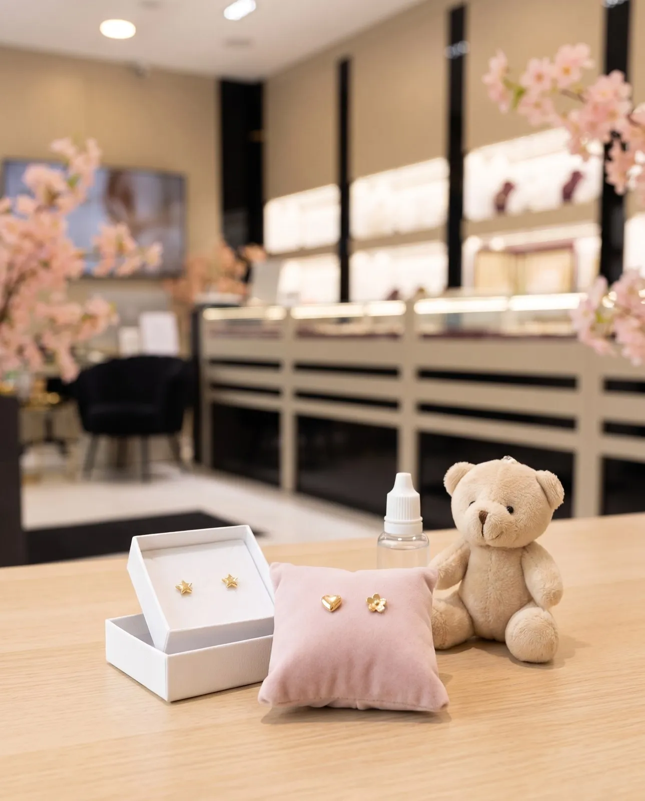 Kleine goldene Kinder-Ohrstecker in einer Geschenkschachtel und auf einem rosa Kissen, daneben ein Teddy