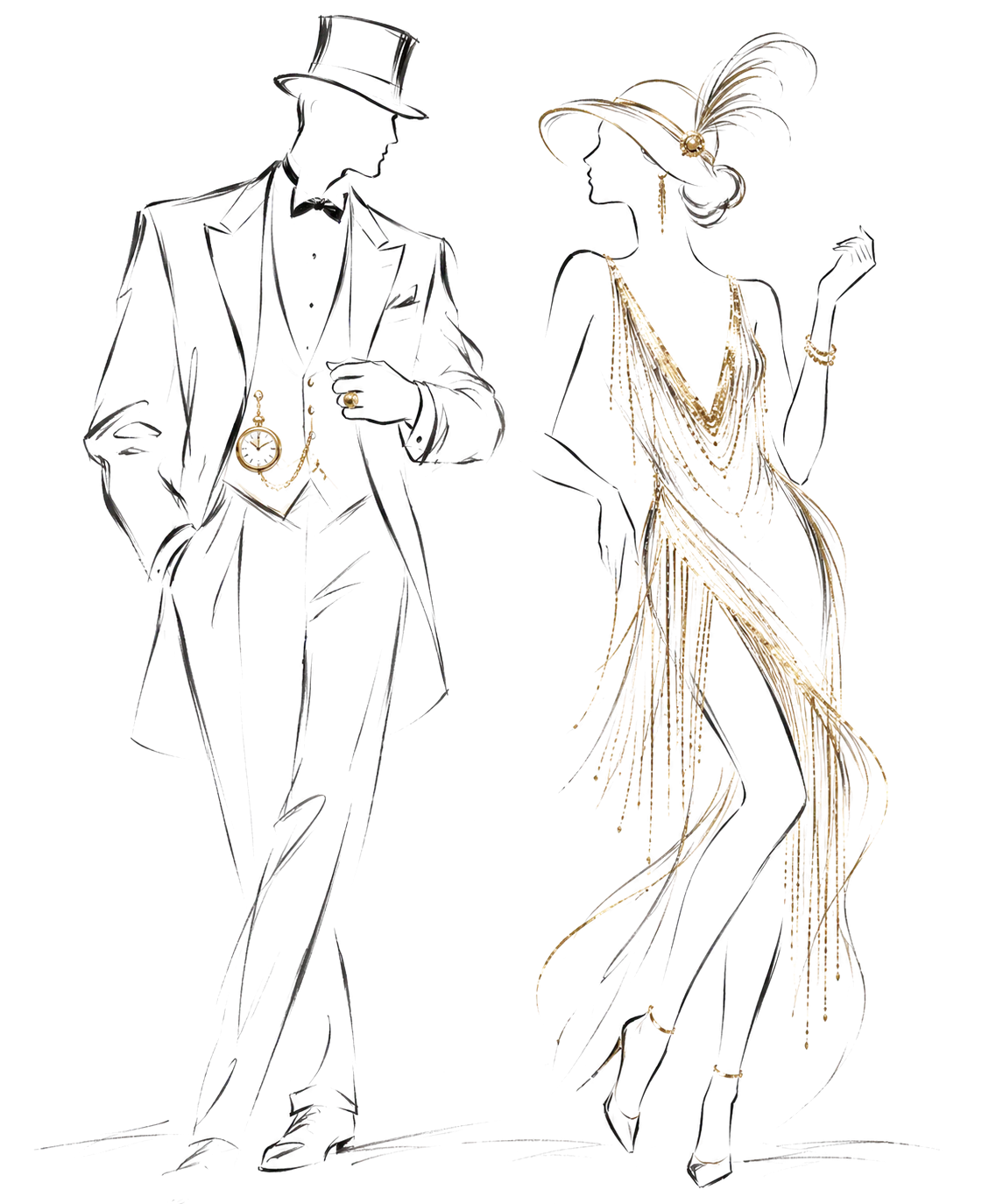 Gezeichnete Illustration eines eleganten Paares, sie mit goldenem Fransenkleid und Schmuck, er im Frack mit Taschenuhr
