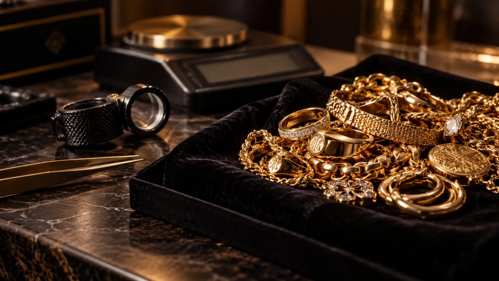 Goldschmuck auf schwarzem Samt neben Feinwaage, Lupe und Pinzette