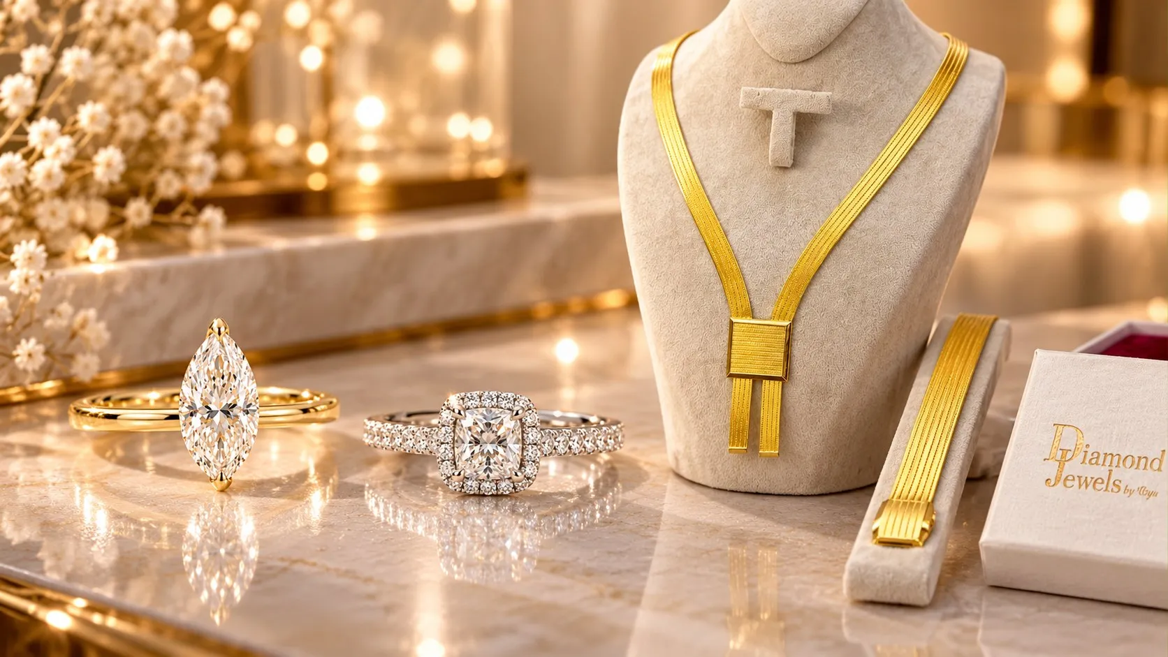 Verlobungsringe, Gold-Collier auf einer Schmuckbüste und Diamond-Jewels-Schachtel auf Marmor