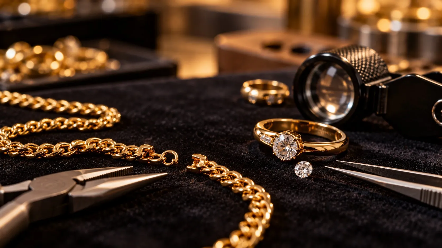 Gerissene Goldkette, Diamantring mit losem Stein, Lupe, Zange und Pinzette auf schwarzem Samt