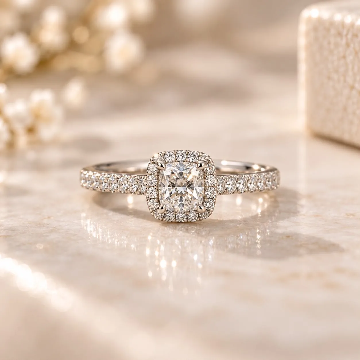 Weißgoldring mit Diamant im Cushion-Schliff, Steinkranz und Besatz an der Schiene